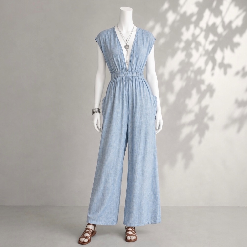 Mara Hoffman Swim Whitney Hemp Jumpsuit L Blue Stripe Wide Leg Beach Cover Up